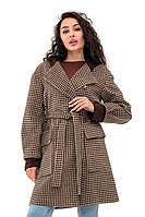 Пальто женское шерстяное, с капюшоном, демисезонное, оверсайз, в клетку, Коричнево - бежевое, 42