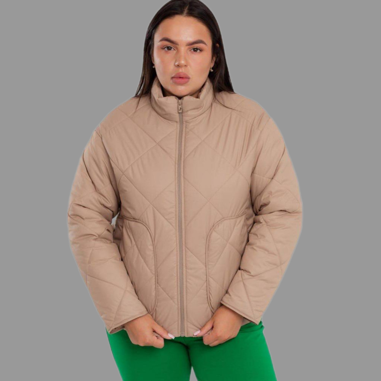 Куртка жіноча коротка демісезонна без капюшону великий розмір 3XL беж, фото 1