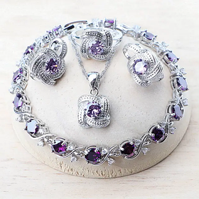 Жіночий комплект ювелірних виробів Aphrodite з фіолетовим цирконієм, срібло 925 проби сережки, підвіска, кільце, браслет