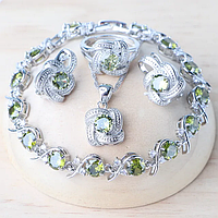 Комплект ювелирных изделий Aphrodite оливковым цирконием, серебро 925 пробы серьги, подвеска, кольцо, браслет