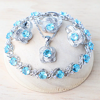 Комплект ювелирных изделий Aphrodite с голубым цирконием, серебро 925 пробы серьги, подвеска, кольцо, браслет