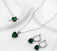 Жіночий комплект ювелірних виробів з зеленим цирконом Green Heart срібло 925 проби сережки, підвіска, кільце