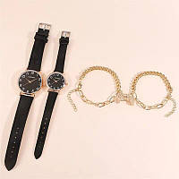 Парные наручные кварцевые женские и мужские чёрные часы + золотистые браслеты Cadvan Watches