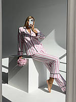 Жіночі брендові піжами Вікторія Сікрет Victoria's Secret сорочка та штани тканина сатин (схожа на шовк) М, розово-белый