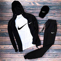 Чёрный весенний спортивный костюм Nike 4в1 мужской, Чёрный комплект Найк Зиппер+Штаны+Кепка+Футболка (белая)