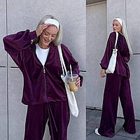 Жіночий спортивний повсякденний костюм з плюш велюру кофта на блискавці з капюшоном і штани на резинці марсала, 42/44