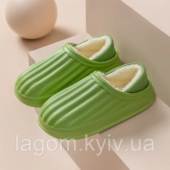 Жіночі хутряні домашні капці, теплі салатовІ шльопанці для дому 36-37, фото 1