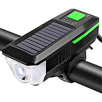 Вело фонарик аккумуляторный на солнечной батарее со звонком LY-17 Фонарик для велосипеда Зеленый
