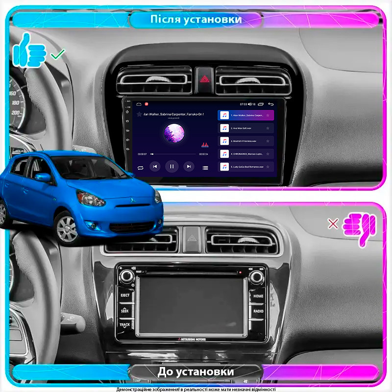 Al Штатна магнітола для Mitsubishi Mirage VI Рестайлінг 2 2019-н.в. екран 9" 1/16Gb Wi-Fi GPS Base Android