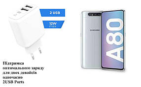 Мережевий зарядний пристрій Dual USB Samsung Galaxy A80 2019 SM-A805, 12W, 3А