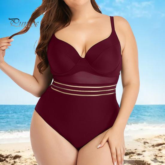 Бордовий жіночий закритий купальник у великих розмірах, фото 1