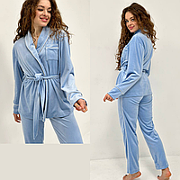 Женская велюровая пижама больших размеров Кимоно и штаны Домашний костюм из велюра батал голубая
