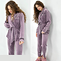 Женская велюровая пижама больших размеров Кимоно и штаны Домашний костюм из велюра батал фиолетовая