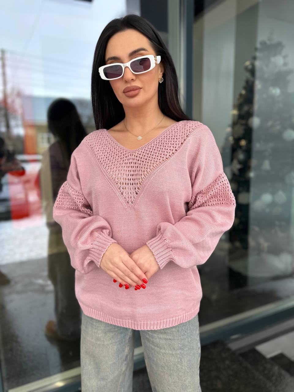 Стильний в'язаний в'язаний светр із вирізом вовна, фото 1