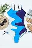 Закритий купальник жіночий синього кольору, з боків зав'язки, фото 2