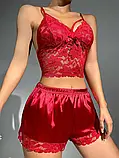 Жіноча піжама з мереживним топом і шовковисті шорти на резинці, фото 2