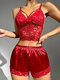 Жіноча піжама з мереживним топом і шовковисті шорти на резинці, фото 4