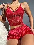 Жіноча піжама з мереживним топом і шовковисті шорти на резинці, фото 5