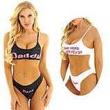 Білий жіночий купальник ліф і трусики з написами, фото 5