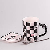Керамическая чашка с шахматным узором 350 мл The Panda, в комплекте с блюдцем и ложкой Кружка для кофе и чая