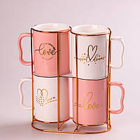 Набор стильных керамических чашек на подставке 4 шт по 400 мл Кружки для чая, кофе и напитков,розовые и белые