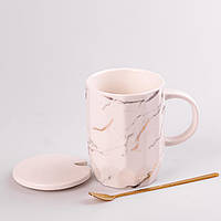 Стильная керамическая чашка с мраморным принтом 420 мл, в комплекте с крышкой и золотистой ложкой Кружка белая