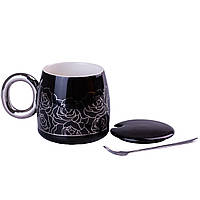 Изысканная черная чашка с цветочным принтом 400 мл Golden Romance Керамическая кружка с крышкой и ложкой