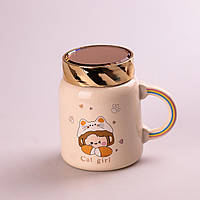Керамическая чашка для девочки 420 мл Cute girl, в комплекте с крышкой Кружка для чая, какао, напитков