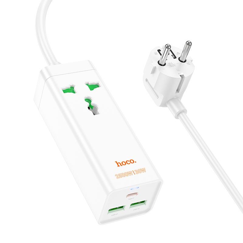 Подовжувач мережевий Hoco AC9A, розетка, 2 USB, Type-C, білий