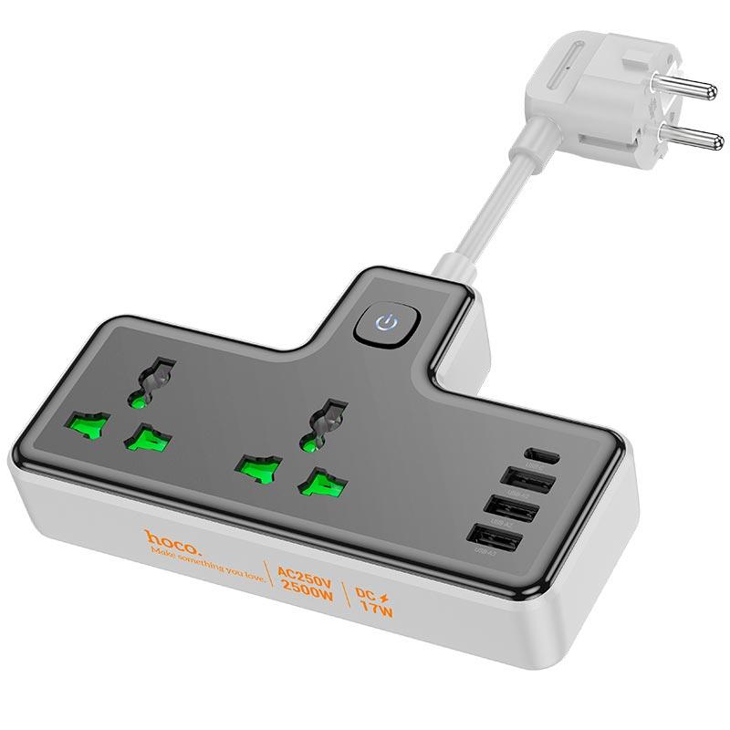 Подовжувач мережевий HOCO AC11A, 2 розетки, 3 USB, Type-C, чорний