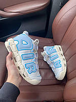 Белые с голубым кожаные женские кроссовки Nike Air More Uptempo White Blue Sail