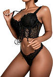Чорний комплект білизни ліф з кісточками на зав'язках, трусики, фото 5