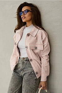 Куртка-сорочка демісезон кашемірова накладні кишені манжети на клапанах з коміром принт принт клітинка рожева