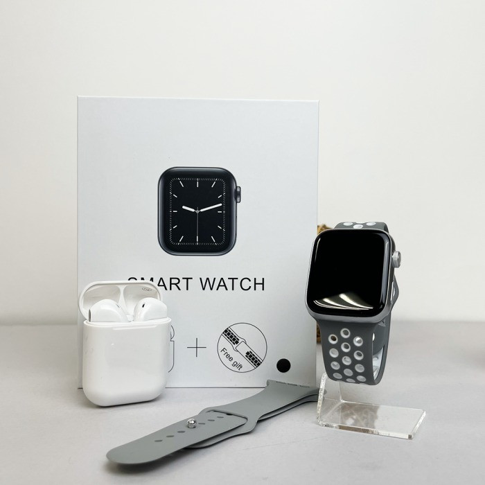 Розумний смарт годинник з бездротовими навушниками Basic T55 Pro Max bluetooth з пульсоміром 2 ремінця Сірий