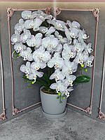 Композиция из латексных орхидей Премиум качества на 4 веточки в керамическом горшке - (цвет серо-пудровый)