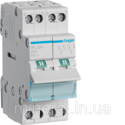 Перемикач I-II з загальним виходом знизу 2-пол. 25А/230В, Hager, (SFL225)