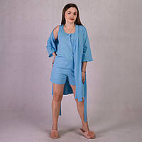 Пижамы тройка женская летняя халат, шорты и майка для беременных и кормящих голубой 46-54р