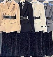 Женский весенний деловой костюм пиджак с юбкой-гофре в горошек размеры 42-50 Бежевый, 42/44