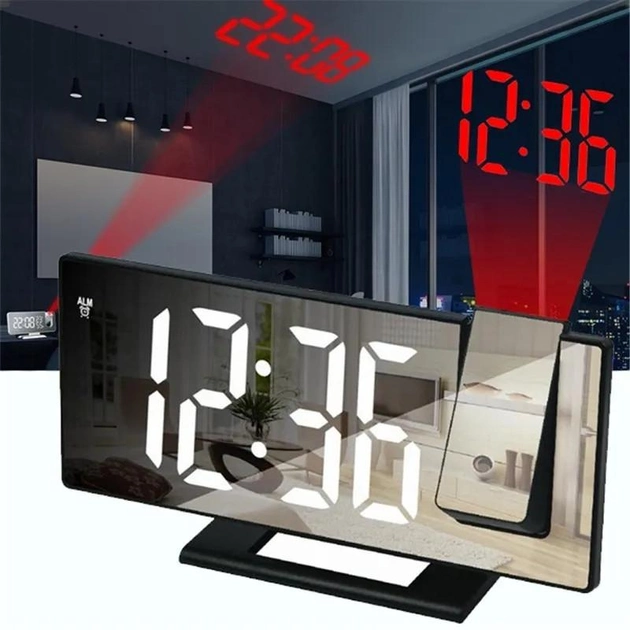 Настільний електронний годинник з будильником і календарем / дзеркальний годинник з проектором часу чорний