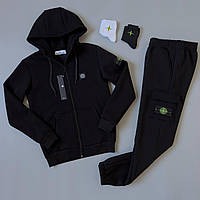 Зимний мужской спортивный костюм Зип худи + штаны Stone Island Мужской и женский комплект черный 2 в 1 патчи