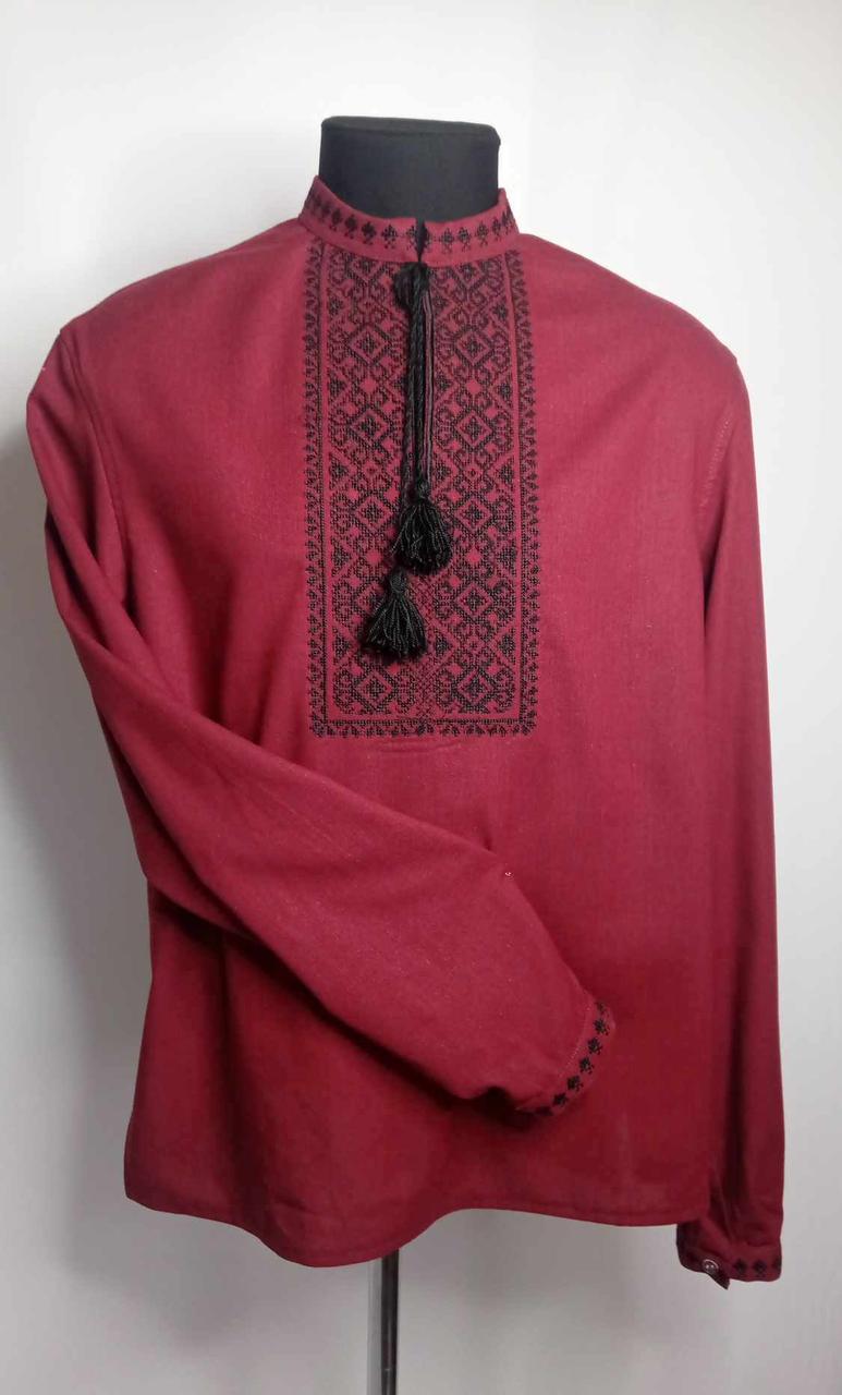 Вишиванка чоловіча, натуральне (домоткане полотно бордо), "Коловорот"