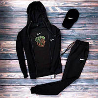 Мужской весенний-осенний спортивный костюм Nike чёрный, Модный чёрный комплект Найк 4в1 Костюм+Футболка+Кепка