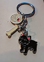 Брелок на ключи металл порода собака французский бульдог черный кость и сердечко