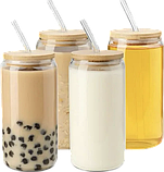 Банка скляна 450 мл для коктейлів термостійка з бамбуковою кришкою та скляною трубочкою, фото 6