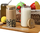 Набір скляних баночок 3 по 500 мл для коктейлів термостійка з бамбуковою кришкою і скляною трубочкою, фото 2