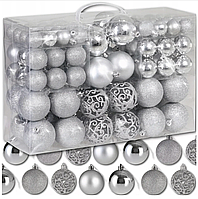 Набор новогодних елочных игрушек 100 штук 6/4/3 cм. серебро ar