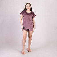 Пижама женская велюровая шорты футболка однотонная розовый р.46-54