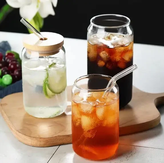 Набір скляних баночок 3 по 500 мл для коктейлів термостійка з бамбуковою кришкою і скляною трубочкою, фото 1