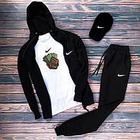 Мужской чёрный весенний спортивный костюм Nike, Чёрный комплект Найк 4в1 Кофта+Штаны+ Кепка + Футболка (белая)