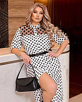 Модное стильное платье-халатик в горошек 48-50,50-52 Шелковый софт принт + сетка флок Цвета 2